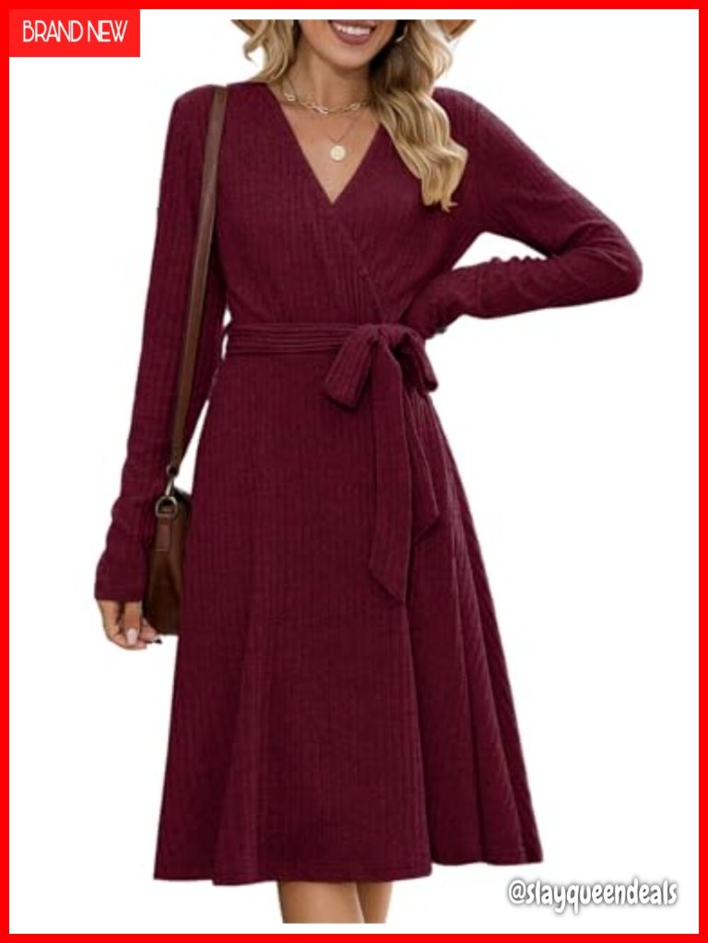 Ribbed Knit Long Sleeve V Neck Wrap Midi Sweater Dress A Line